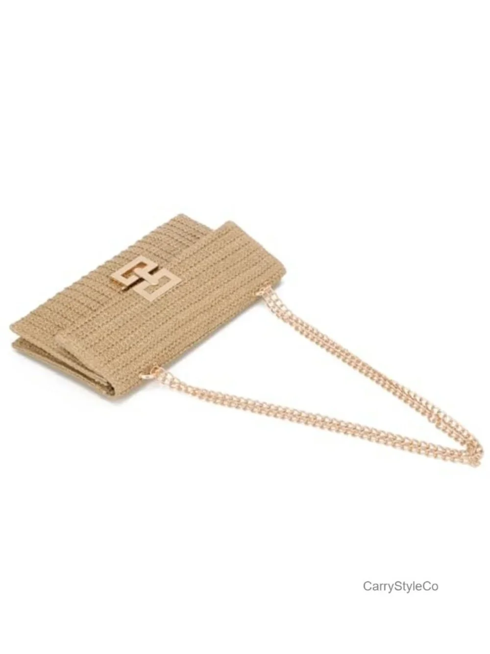 Women's Woven Straw Clutch Purse with Chain Shoulder Strap - Beach & Summer